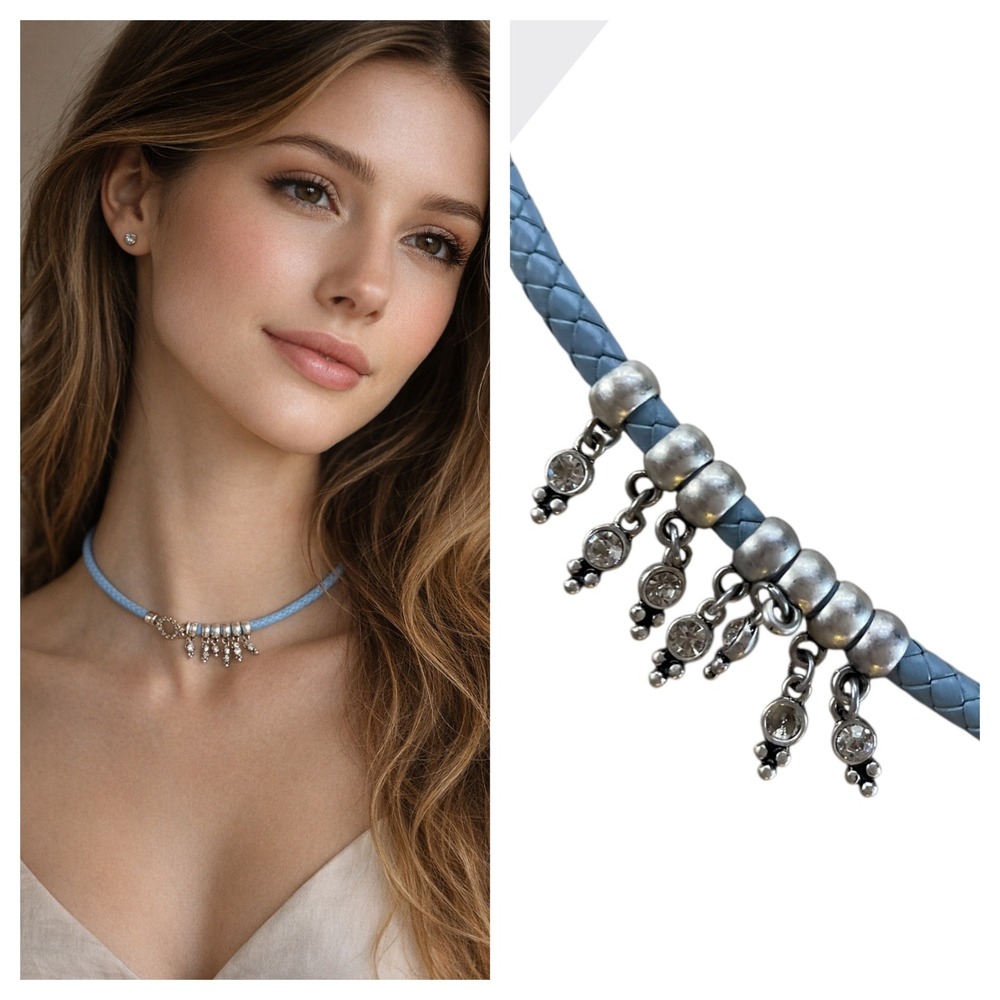 Women's Blue Faux Leather Choker Necklace with Key and Flower Charms - Picture 1 of 5
